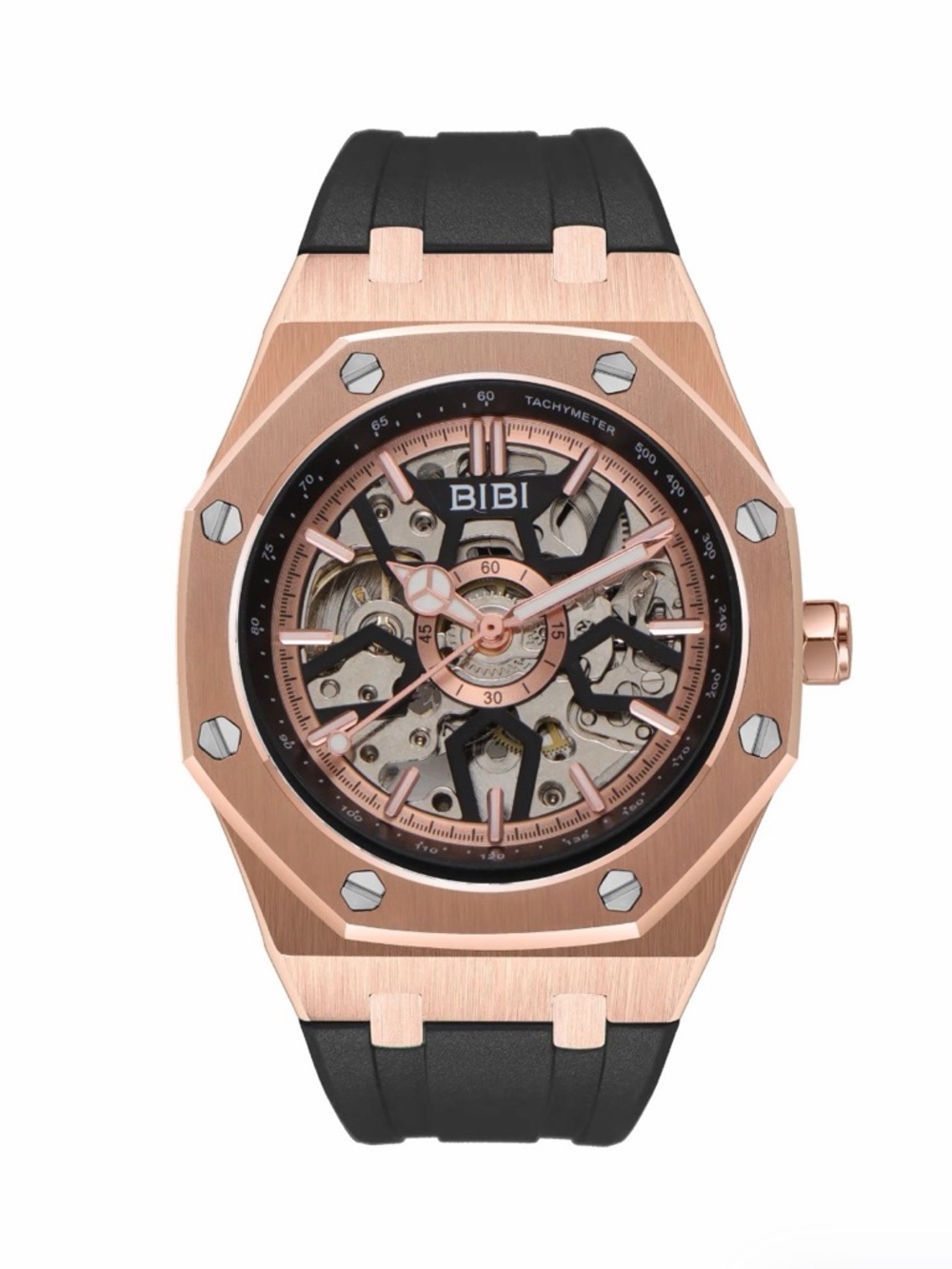 BiBi Rose Gold Skeleton Dial Men's Watch with Black Strap